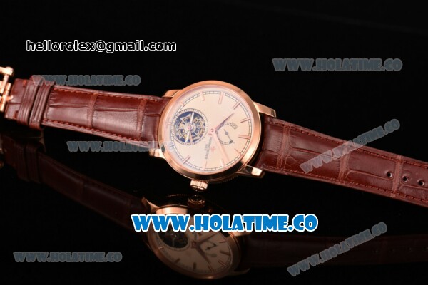 Vacheron Constantin Patrimony Swiss Tourbillon Manual Winding Rose Gold Case with Beige Dial Brown Alligator Strap and Stick Markers - Click Image to Close